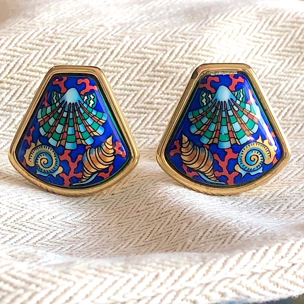 HERMES Sea Side Retreat Clip-On Earrings w/ 24k Yellow Gold Accents - Picture 1 of 7